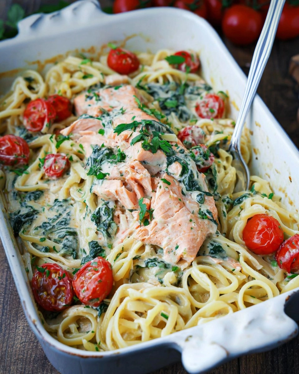 Schnelle Lachs-Spinat-Pasta aus dem Ofen