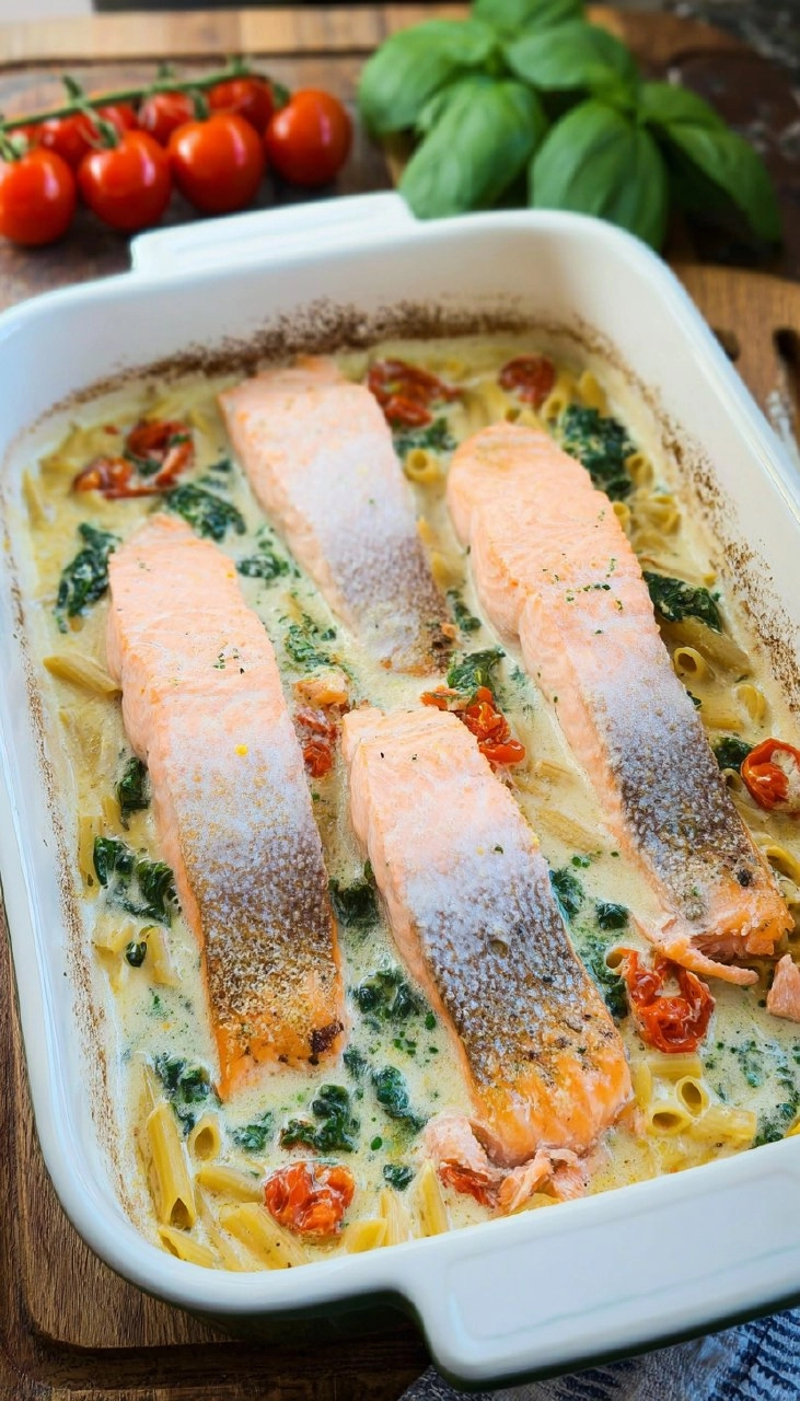 Schnelle Lachs-Spinat-Pasta aus dem Ofen