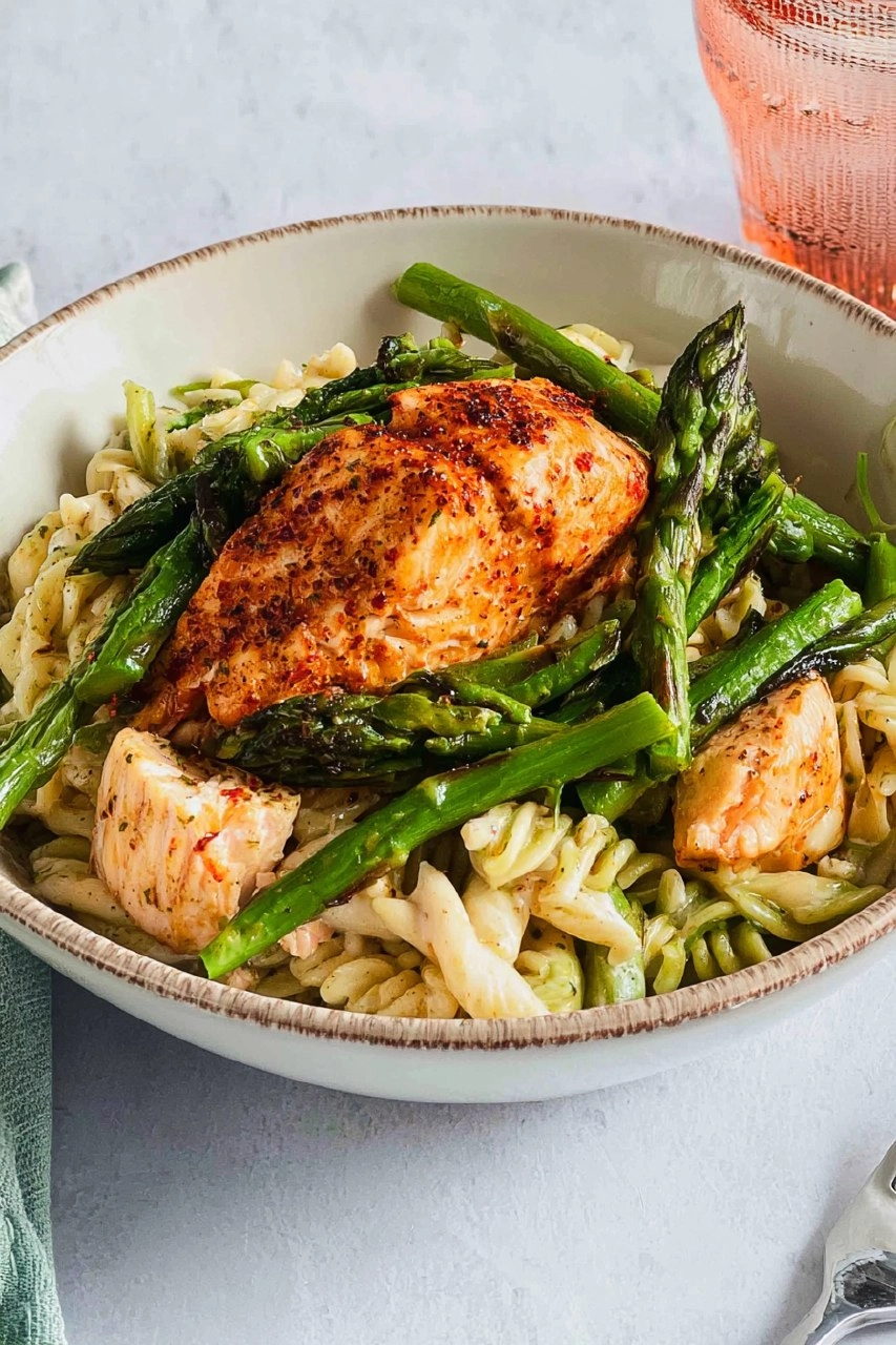 Pasta mit grünem Spargel und Lachs